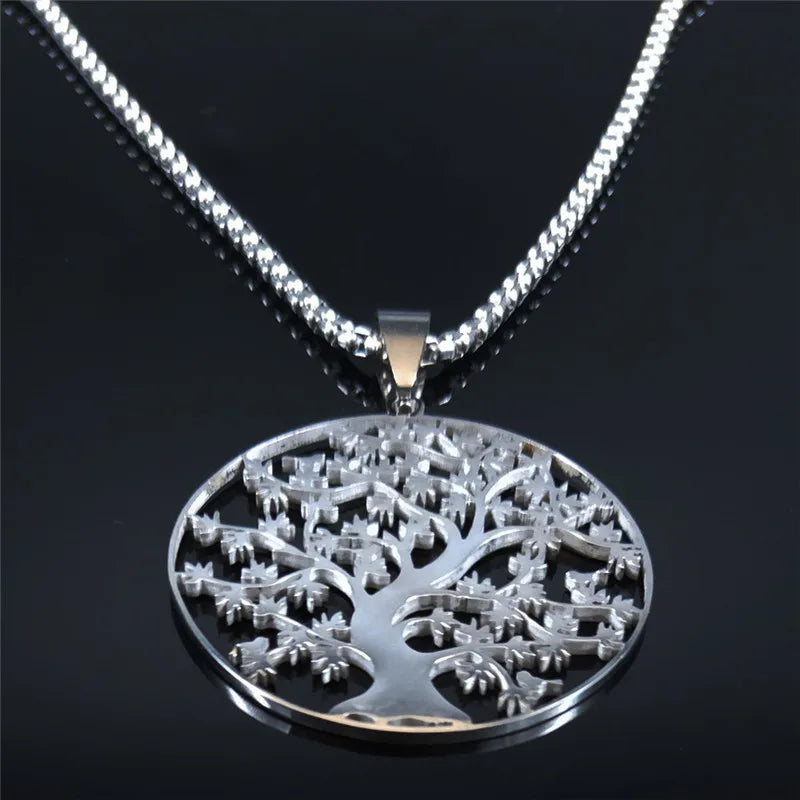Tree of Life Stainless Steel Fashion Statement Necklace Silver Color Chain Necklace Pendant