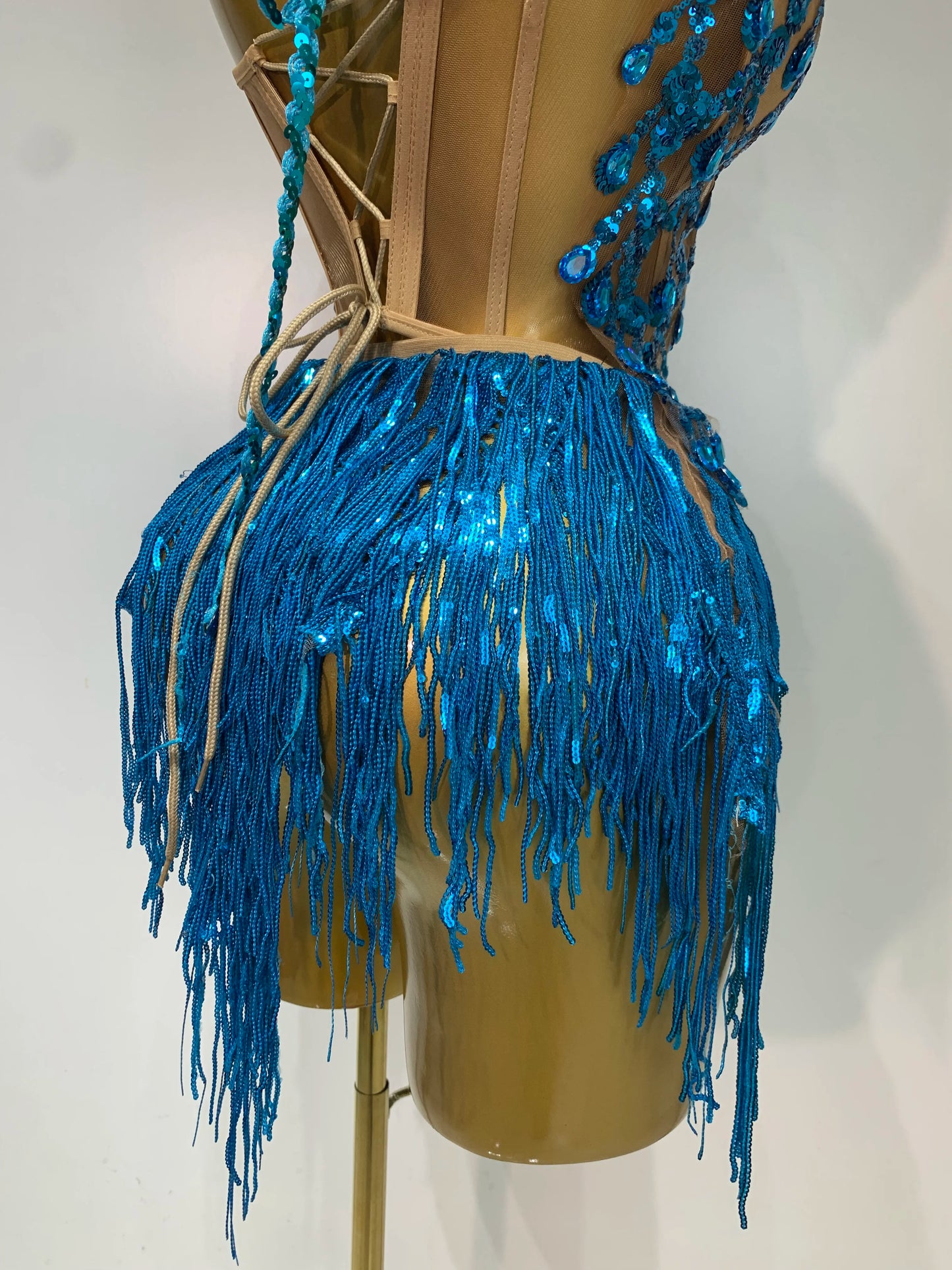 Sexy Shinning Rhinestone Tassels Two Pieces Nightclub Evening Party Birthday Clubbing Dress