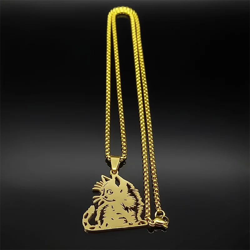 Siamese Kitten Kitty Animal Cat Unisex Stainless Steel Gold Silver Color Hollow Chain Pendant Necklace