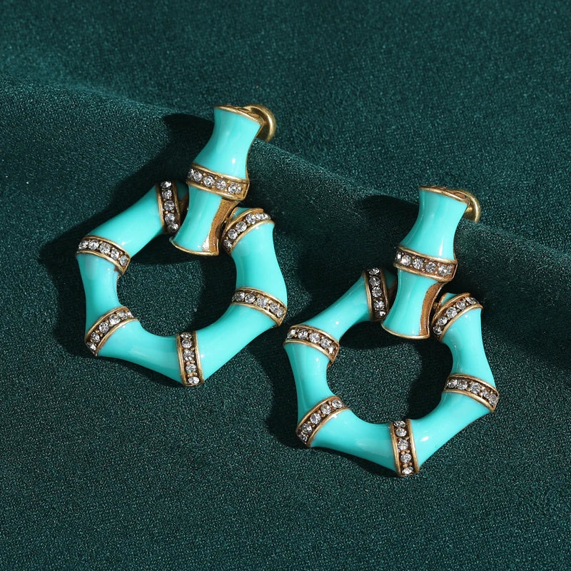 Vintage Blue Green Drip Oil Snake Bamboo Women Designer Earrings