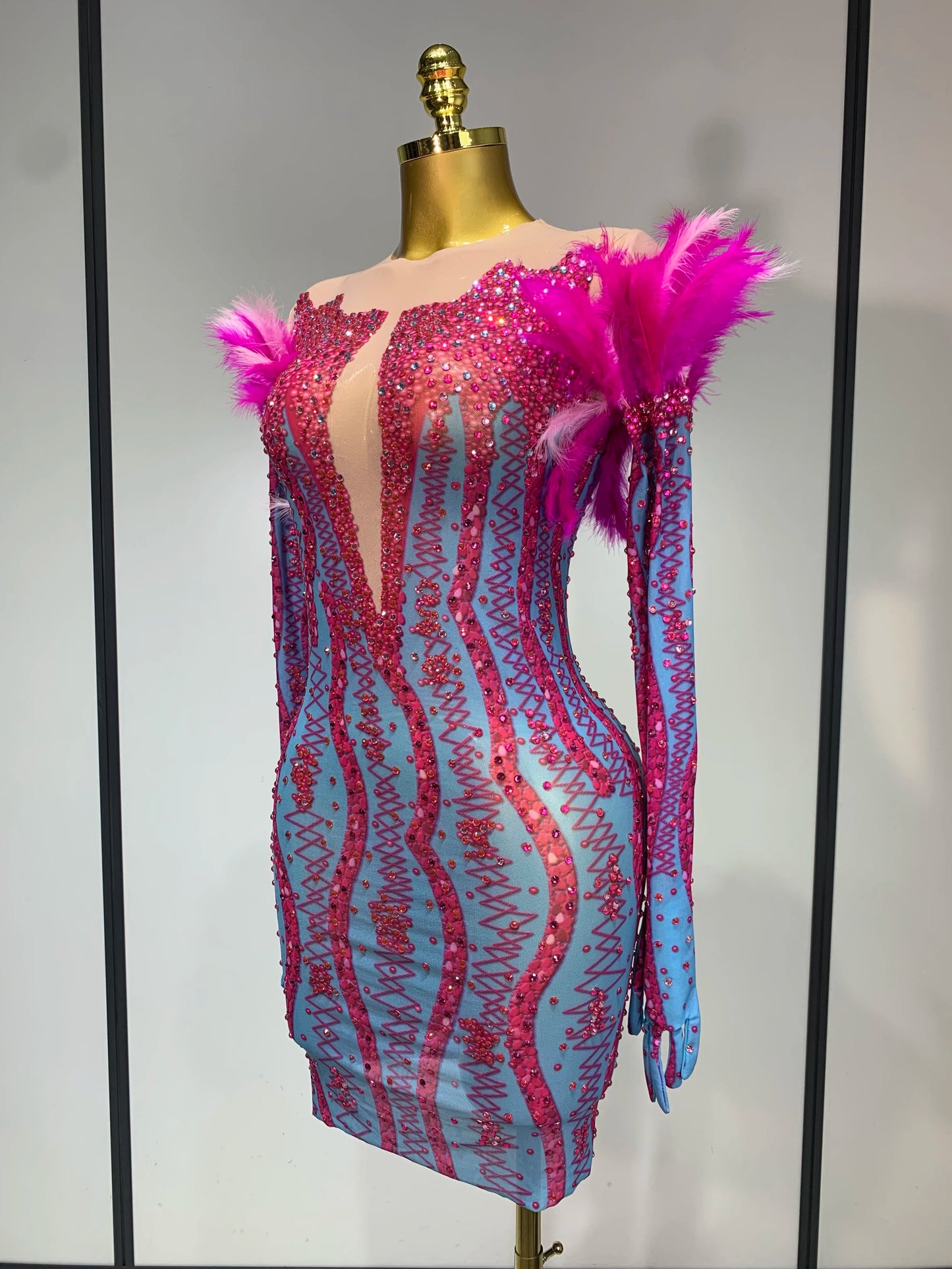 Women Sexy Mesh See Through Diamond Feather Elegant Evening Party Dinner Wear Dress