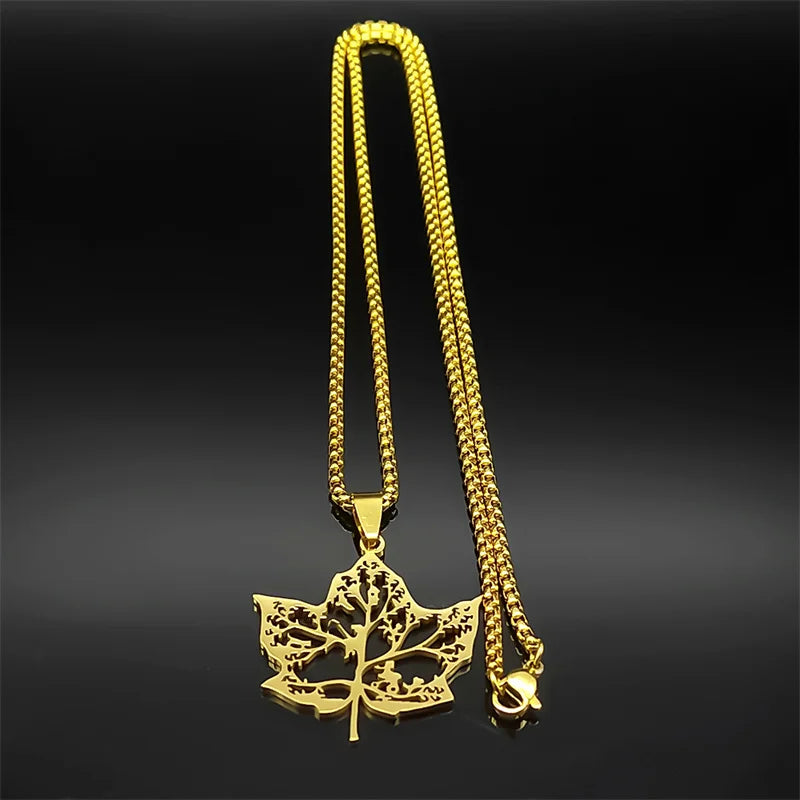 Tree Of Life Amulet Love Hollow Leaf Stainless Steel Gold Silver Color Chain Necklace Pendant