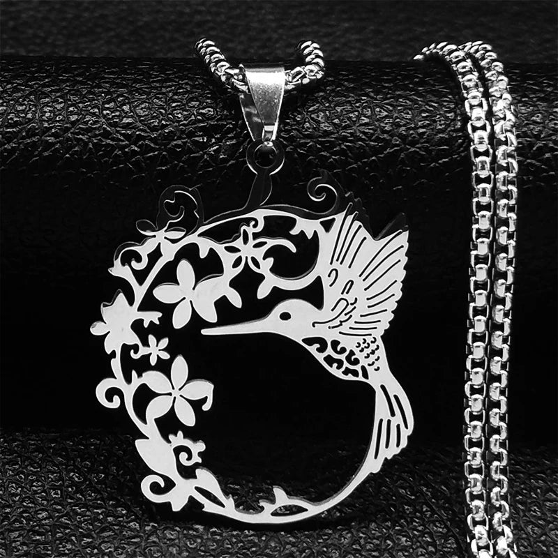 Bird Hummingbird Flower Necklace for Women Men Stainless Steel Gold Color Animal Pendant Necklaces Jewelry collar colibri N4626S