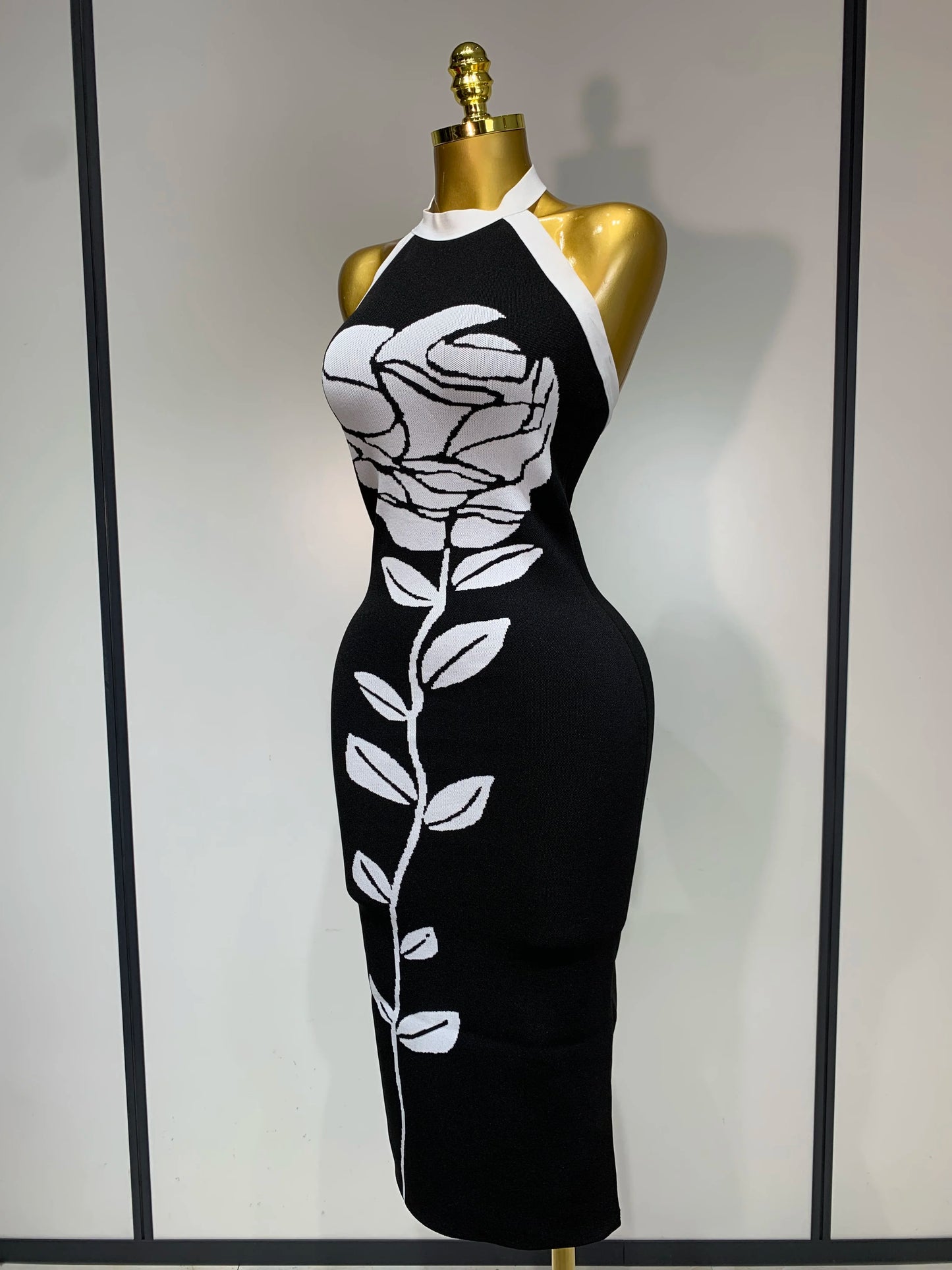 Women Fashion Celebrity Sexy Backless Rose Flower Midi Black Jacquard Bandage Party Dress
