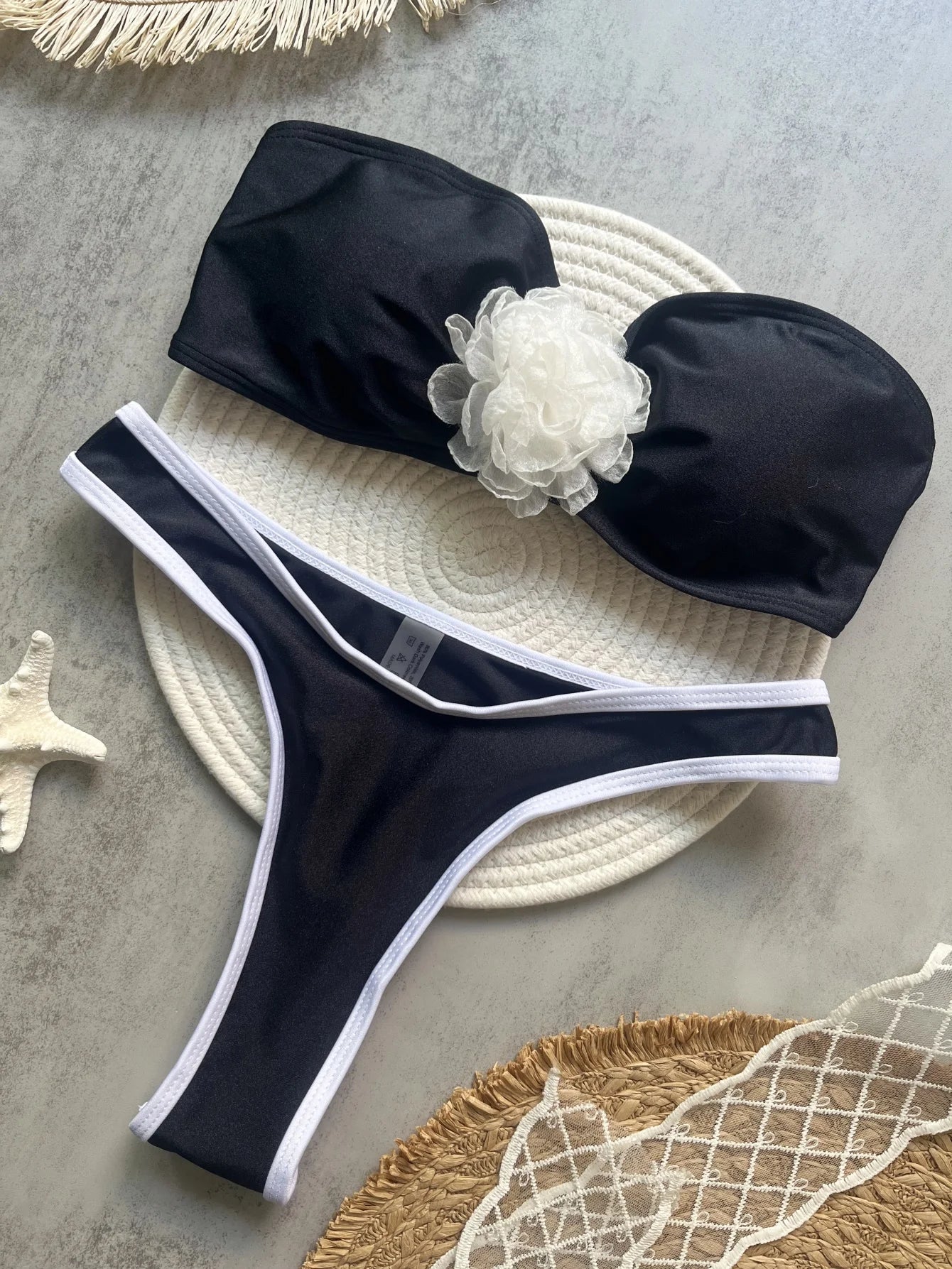 Women Solid Color 3D Flower Split Flat Strap Swimwear Beach Bikini Bathing Suits