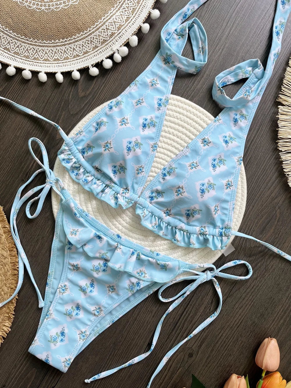 2pcs Sexy Lotus Leaf Edge Print Brazilian Swimsuit Triangle Thong Swimwear Suit