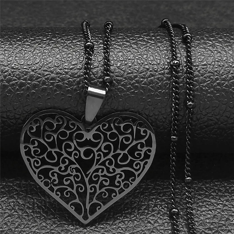 Aesthetic Love Heart Tree of Life Hollow Stainless Steel Gold Color Bead Chain Pendant Necklace