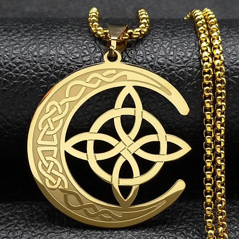 Crescent Celtic Irish Knot Stainless Steel Witch Moon Amulet Protection Chain Necklace