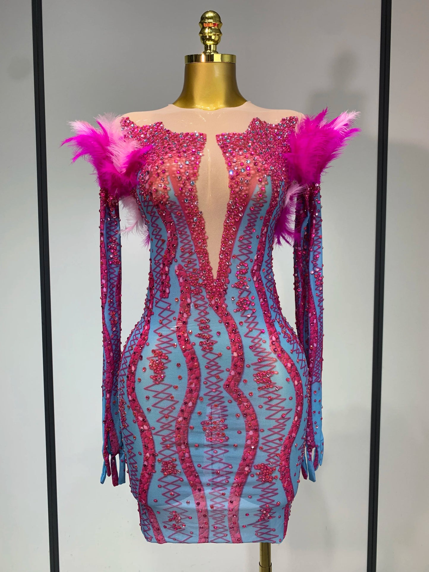 Women Sexy Mesh See Through Diamond Feather Elegant Evening Party Dinner Wear Dress