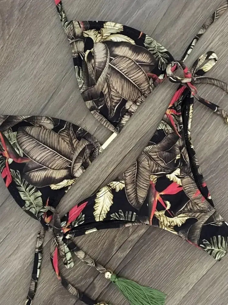 Sexy Micro Feather Print Bandage Swimwear Bathing Brazilian Bikini Suit