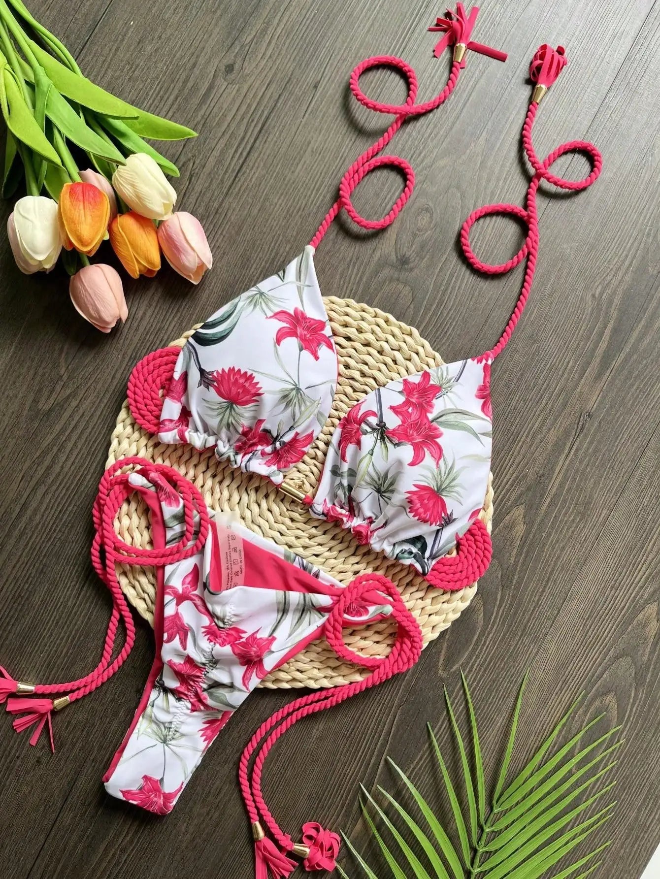 Sexy Plant Print Swimsuit Braiding Rope Bandage Bikinis Bathing Suit