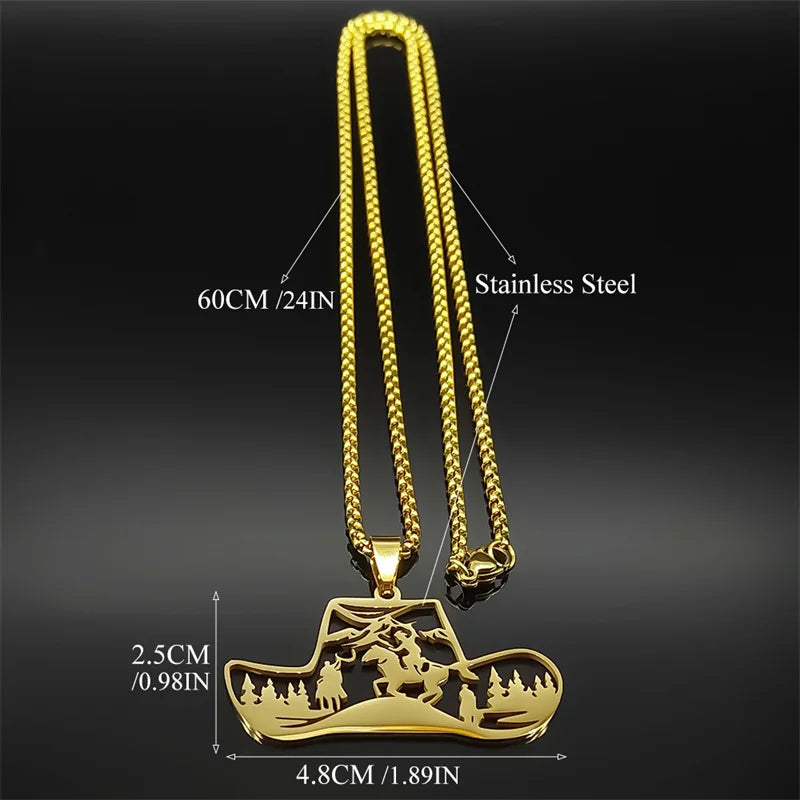 Horse Animal Western Cowboy Hat Tree Women Men Stainless Steel Silver Color Chain Necklace