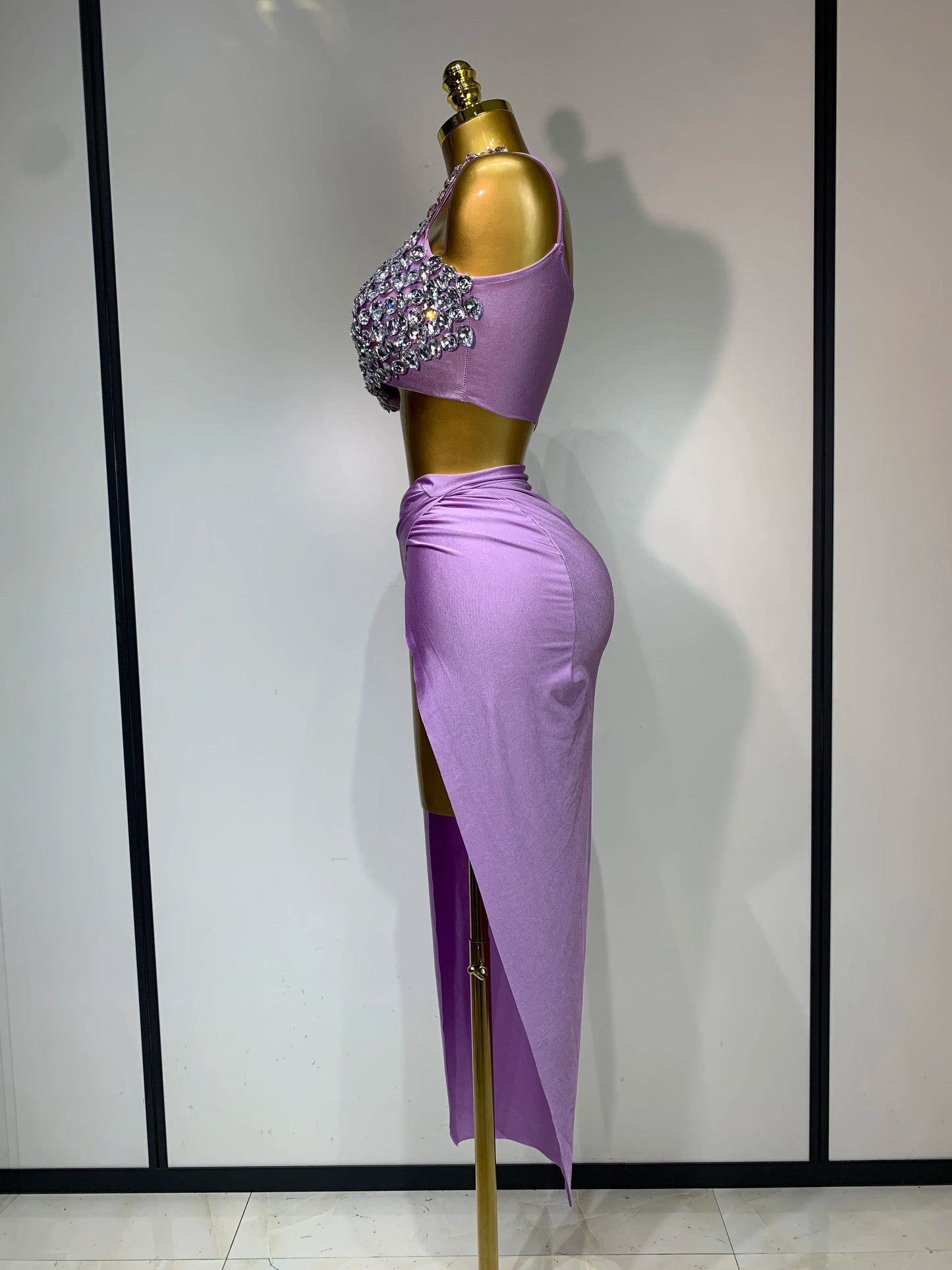 Women Sparkly Rhinestone Crop Tops Long Skirt Two Pieces Birthday Party Dinner Dress