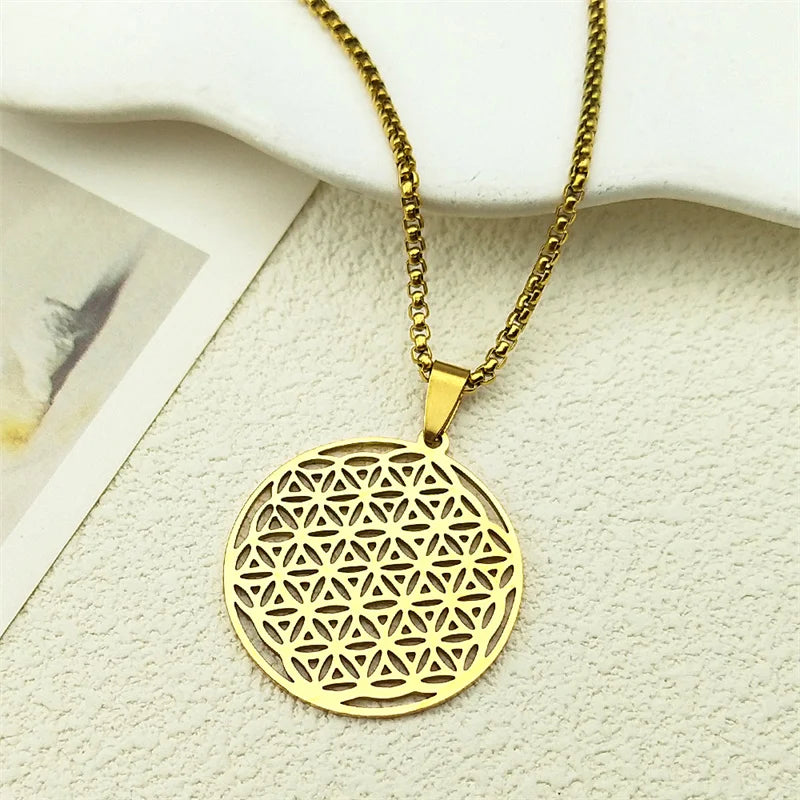 Women Men Flower of Life Stainless Steel Gold Color Mandala Long Necklace