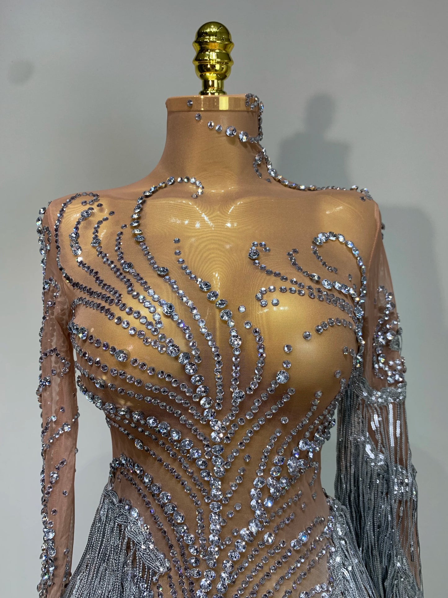 Sexy Rhinestone Sequins Tassel Mesh See Through Evening Party Nightclub Singer Sparkly Dress