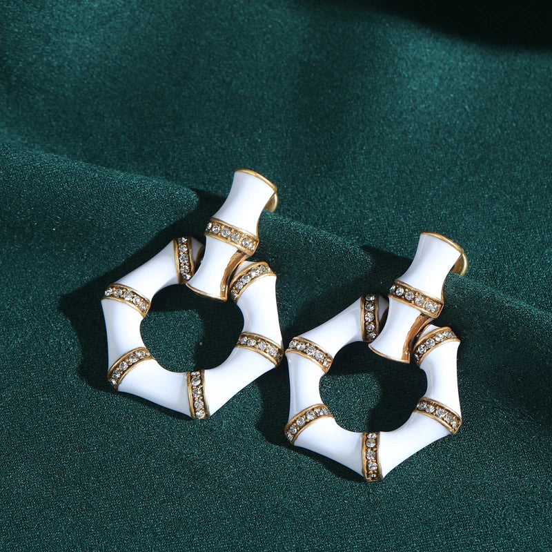 Vintage Drip Oil White Bamboo Women Geometric Hexagonal Designer Earrings