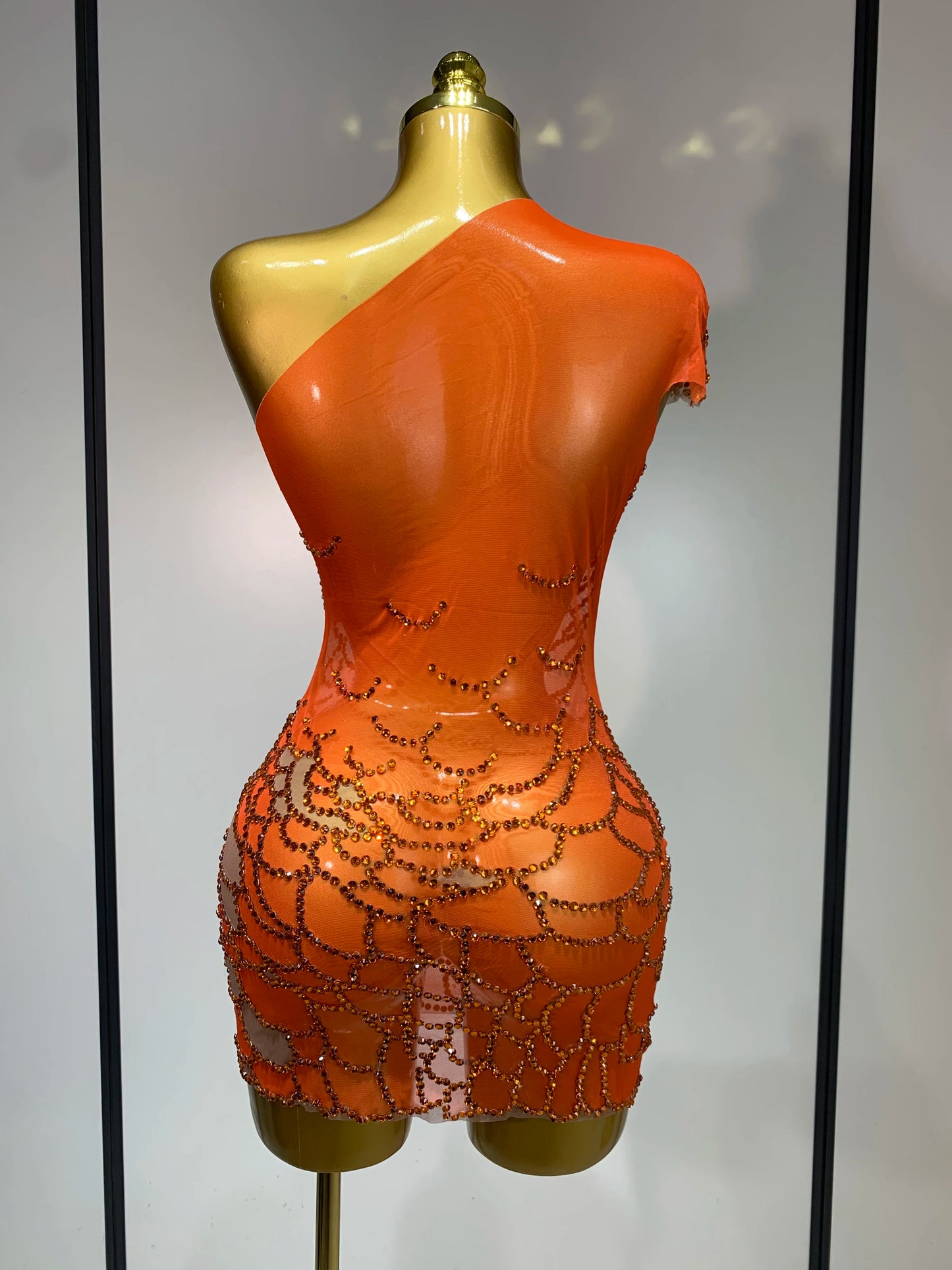 Women Sexy Mesh See Through One Shoulder Rhinestones Nightclub Evening Party Birthday Mini Dress