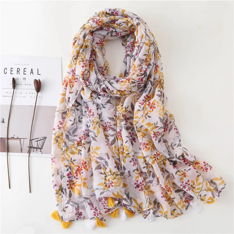 Women Fashion Large Cotton Flower Designs Tassel Prints Scarves Wrap Shawl Scarf