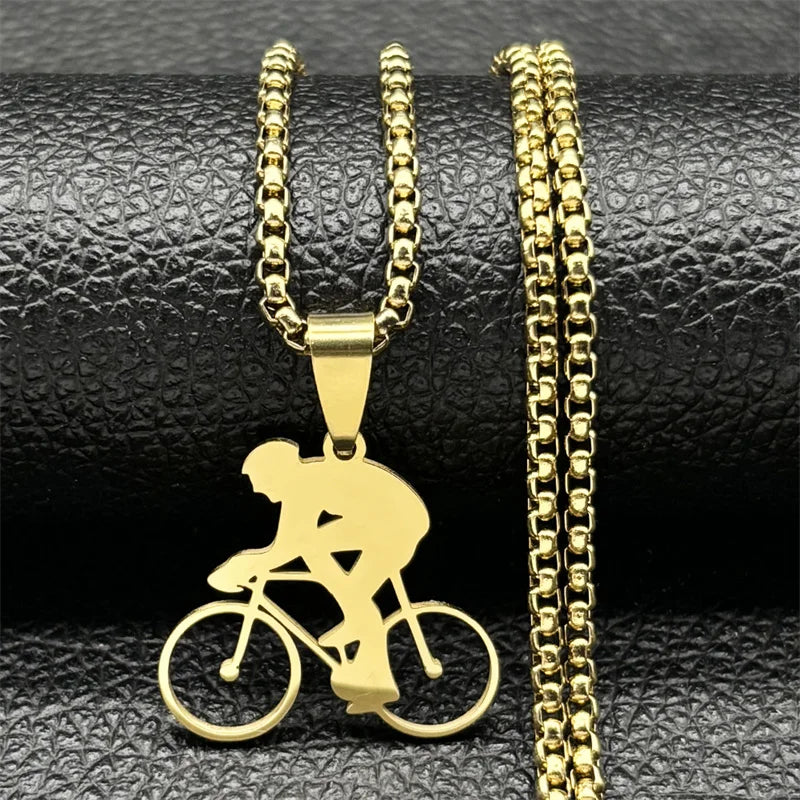 Bicycle Road Pendant Necklace for Men Stainless Steel Gold Color Sports Style Chain Jewelry Gifts accesorios para hombre kette