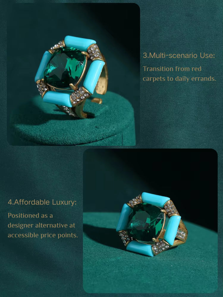 Antique Emerald Green Crystal 18K Gold-Plated Sea Blue Enamel Square Natural Stone Ring