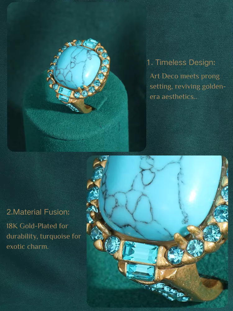 Vintage Art Deco Turquoise 18K Gold-Plated Prong-Set Stone Designer Ring