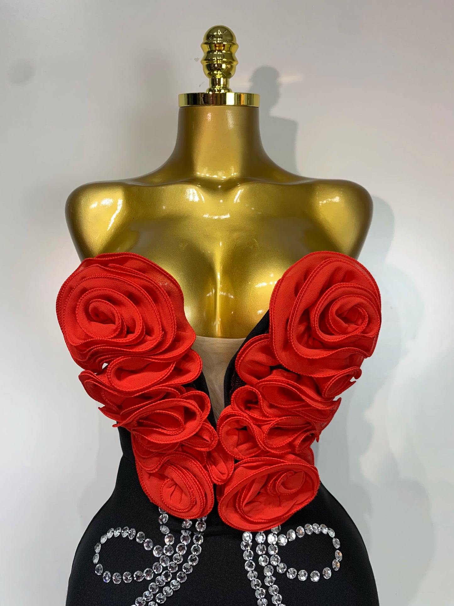 Sexy Strapless 3D Flowers Diamond Black Midi Bandage Elegant Evening Party Night Birthday Dress