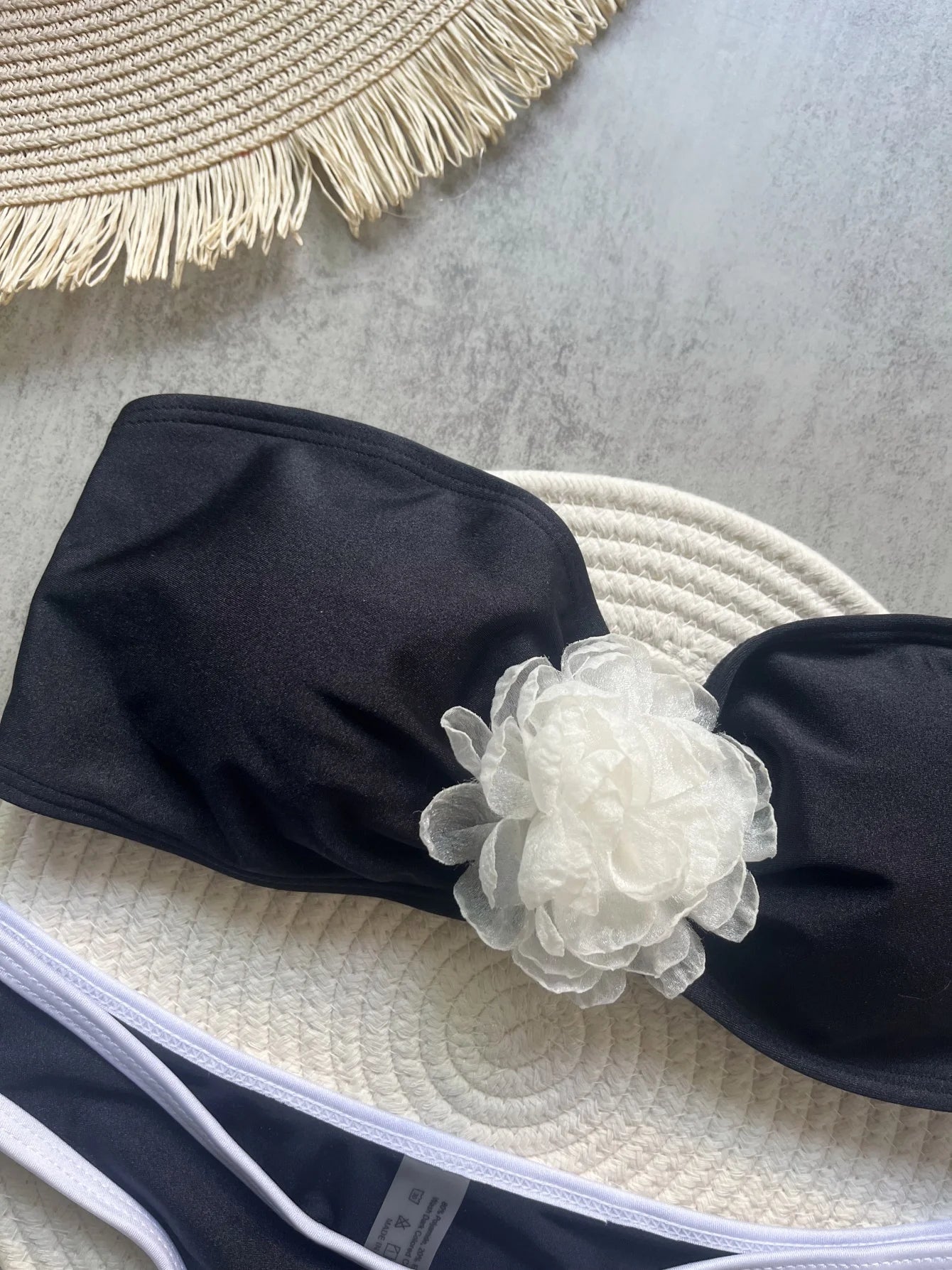 Women Solid Color 3D Flower Split Flat Strap Swimwear Beach Bikini Bathing Suits