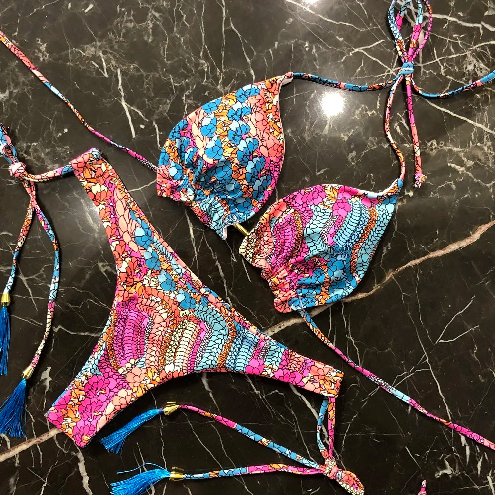 Sexy Floral Print Swimwear String Push Up Swimsuit Beach Bikini Suit