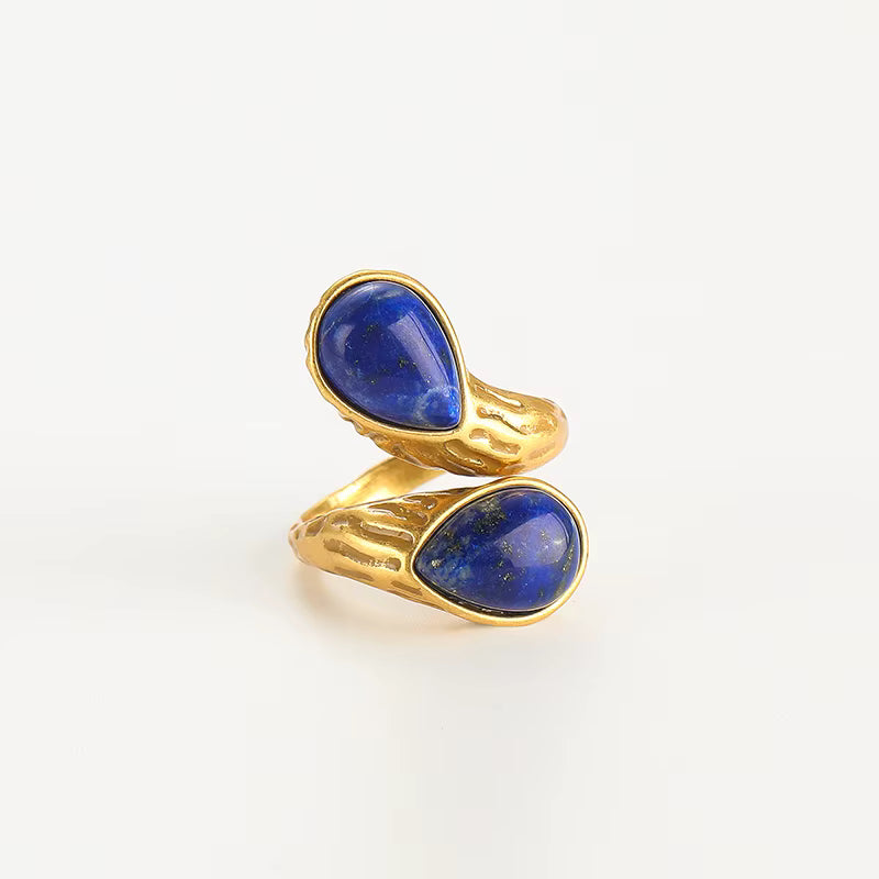 Women Blue Natural Stone Open Leopard Fashionable Water Drop Gold Color Pearl Flower Ring