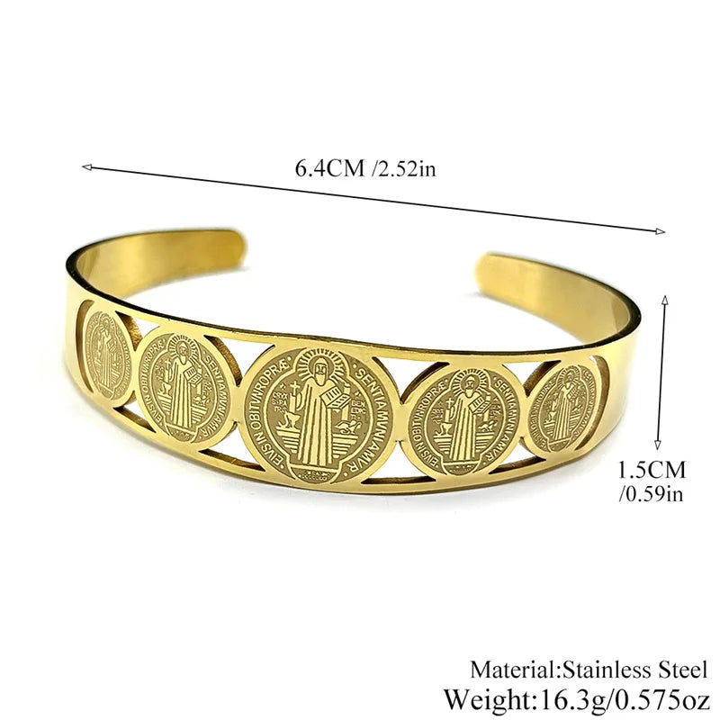 Women Men Stainless Steel Gold Color San Benito Religious Catholic Saint Benedict Adjustable Bracelet