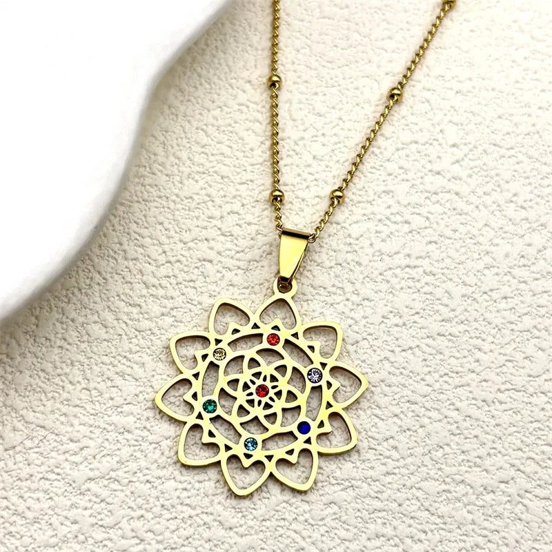 Sacred Geometry 7 Chakra Metatron Stainless Steel Flower of Life Gold Color Chain Necklace