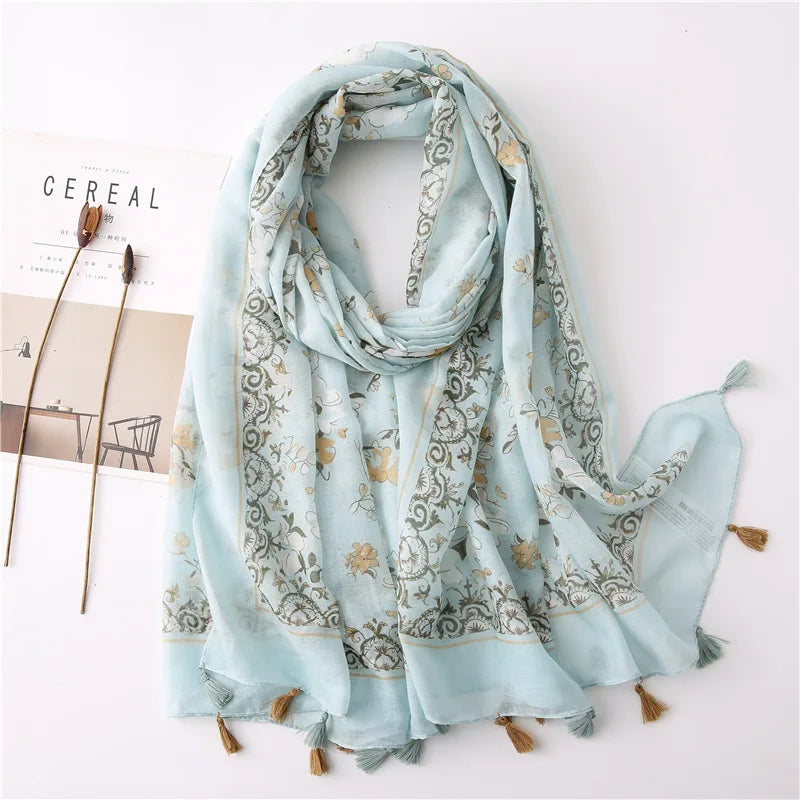 Women Fashion Large Cotton Flower Designs Tassel Prints Scarves Wrap Shawl Scarf
