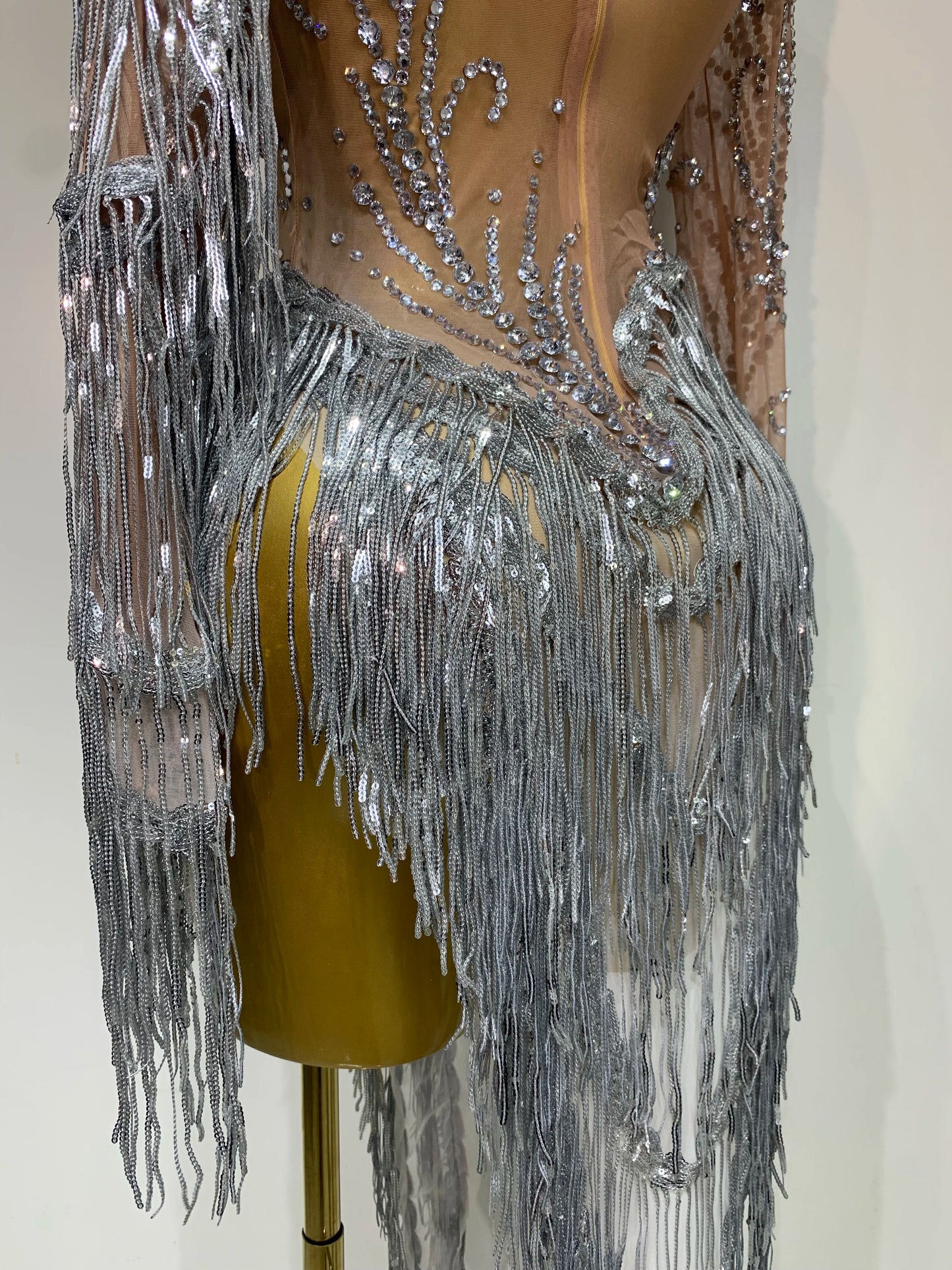Sexy Rhinestone Sequins Tassel Mesh See Through Evening Party Nightclub Singer Sparkly Dress