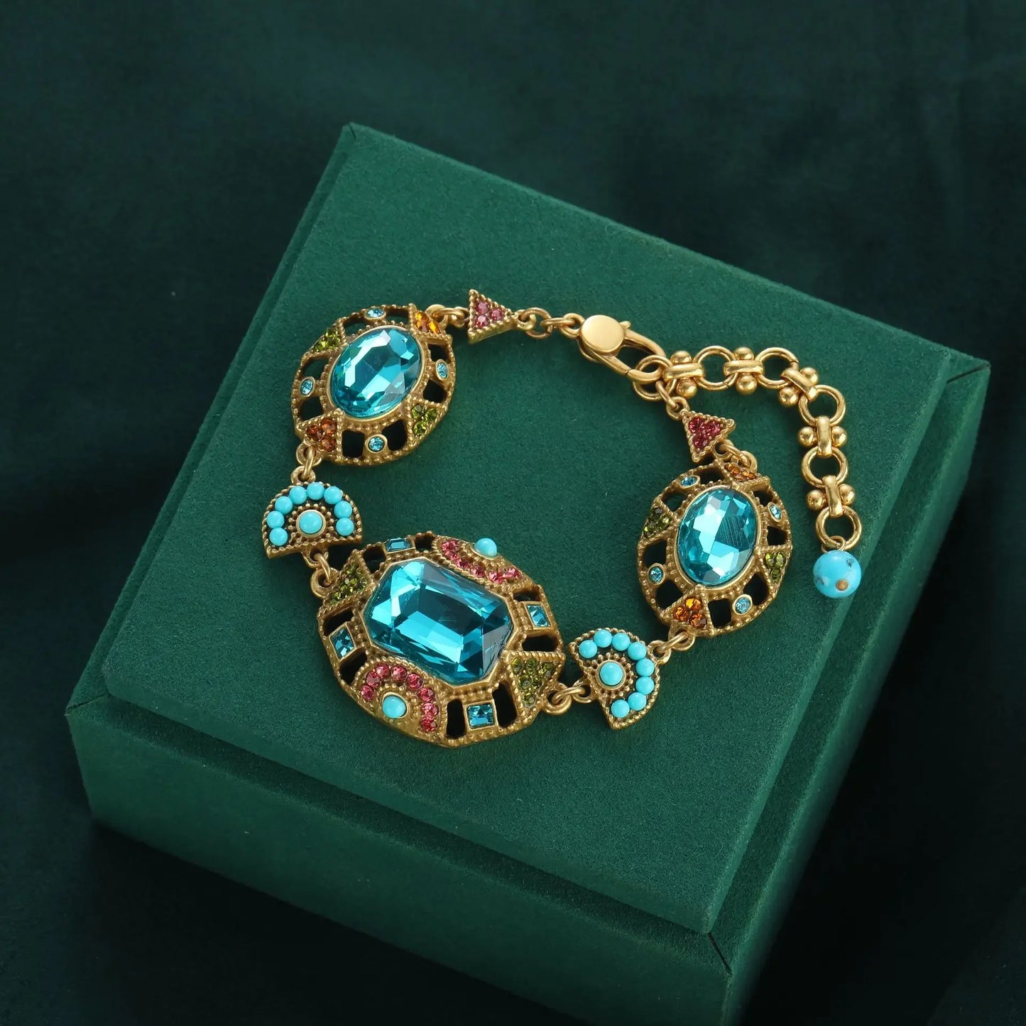 Bohemia Antique Gemstone Women Vintage Boho Beads Square Sea Blue Crystal Bangle Charm Bracelet