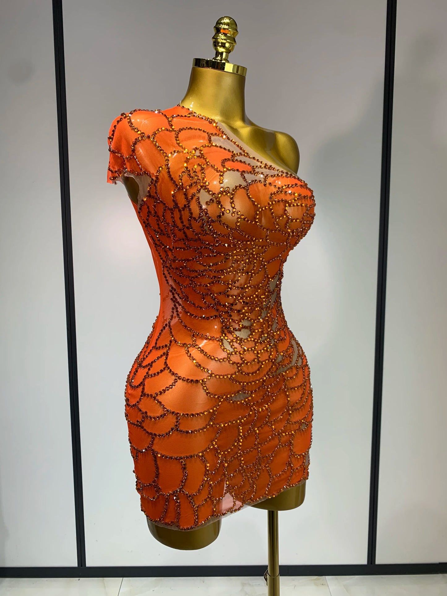 Women Sexy Mesh See Through One Shoulder Rhinestones Nightclub Evening Party Birthday Mini Dress