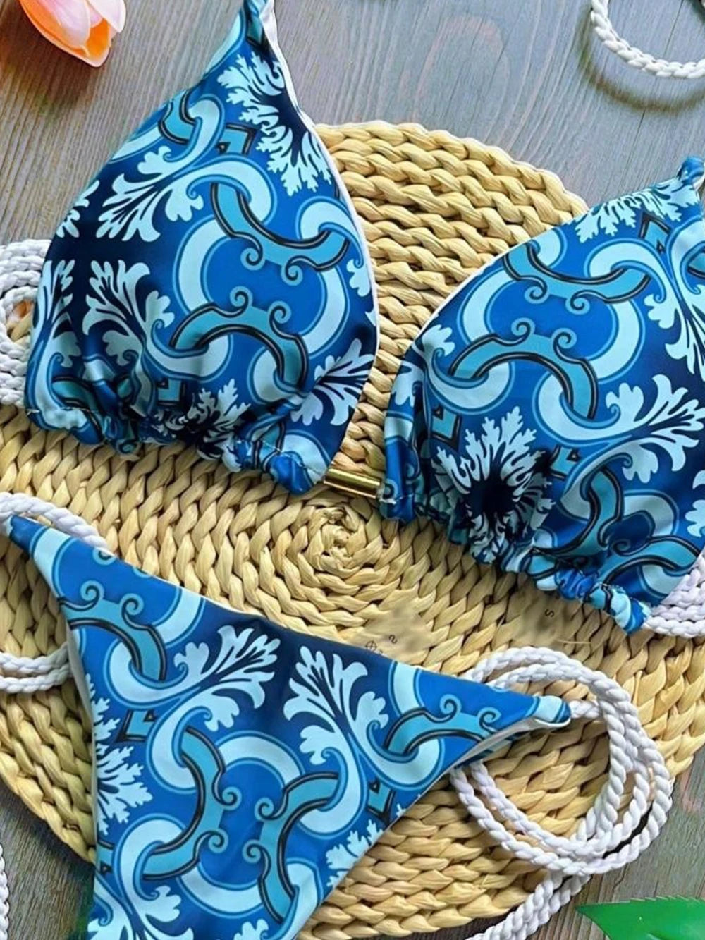 Sexy Print Brazilian Braiding Rope Bandage Bikinis Triangle Swimwear Bathing Suit