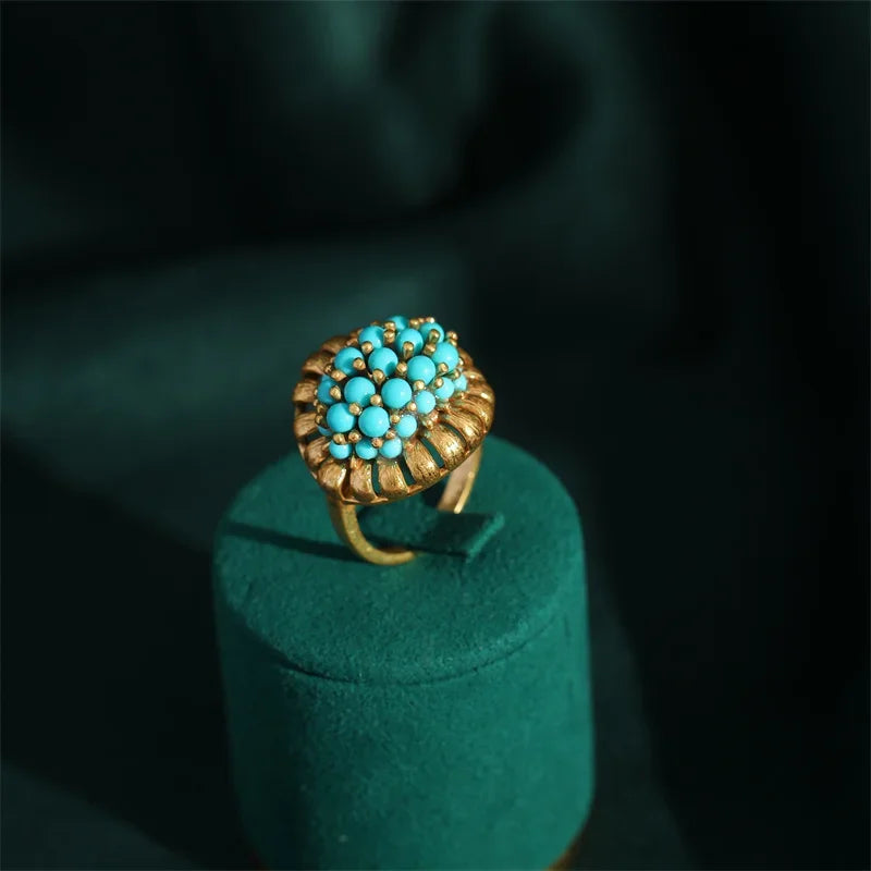 Victorian Retro 18K Gold Plated Adjustable Turquoise Cluster Banquet Ring