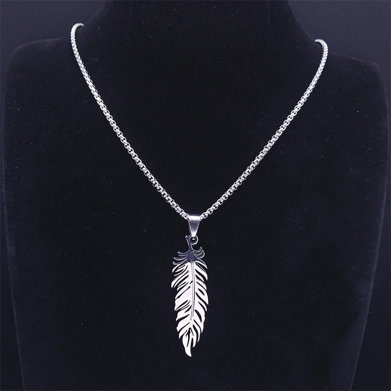 Boho Leaf Feather Women Men Stainless Steel Silver Color Chain Pendant Necklace