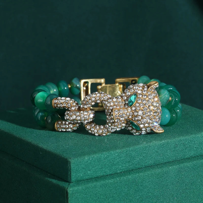 Vintage Green Beads Women Rhinestones Leopard Head Bangles Eye Bracelets