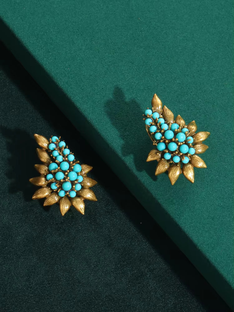 Women Vintage Beaded Sea Blue Natural Stones Tree Leaf Antique Bohemia Stud Earrings