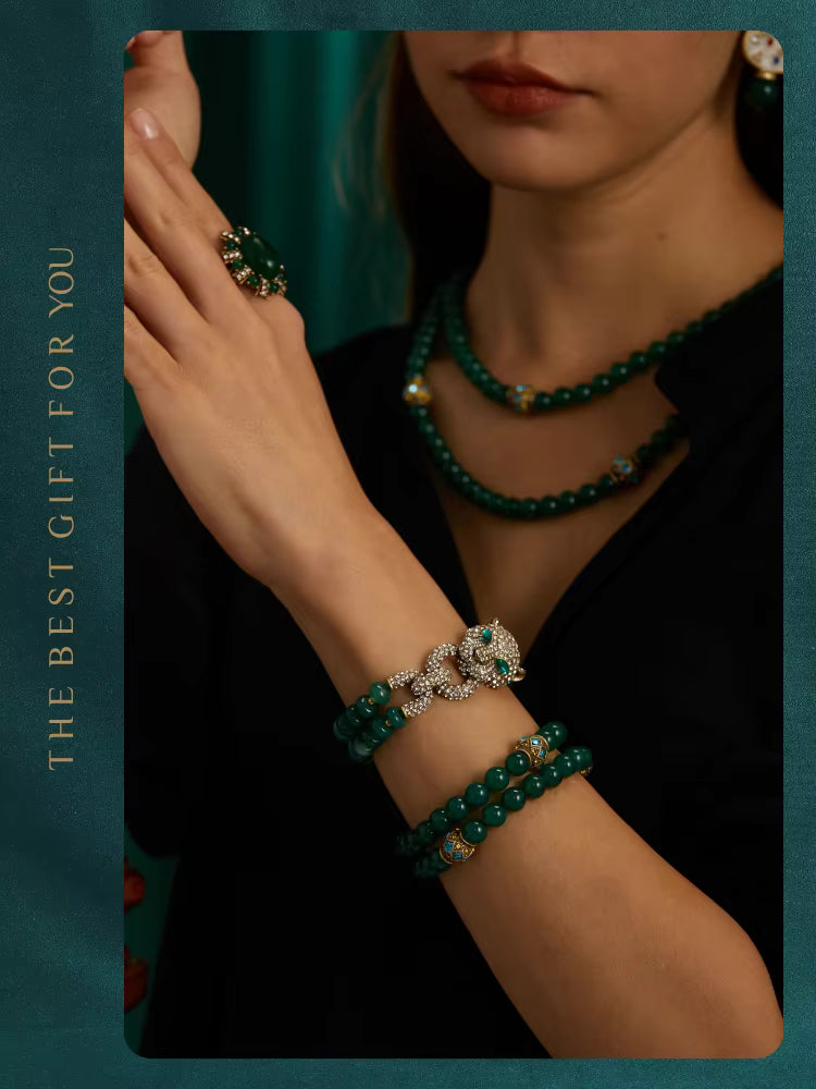 Vintage Green Beads Women Rhinestones Leopard Head Bangles Eye Bracelets