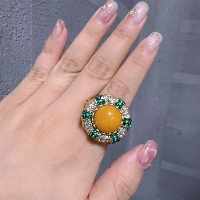 Vintage Round Yellow Stone Women White Green Rhinestone Luxury Designers Ring