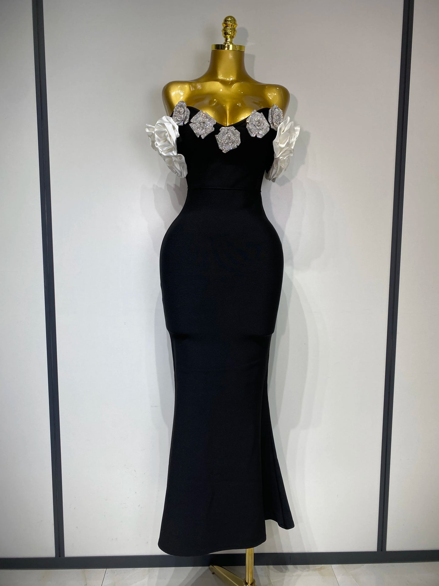 Celebrity Sexy Rhinestone Off Shoulder Flower Maxi Long Bandage Evening Party Dress