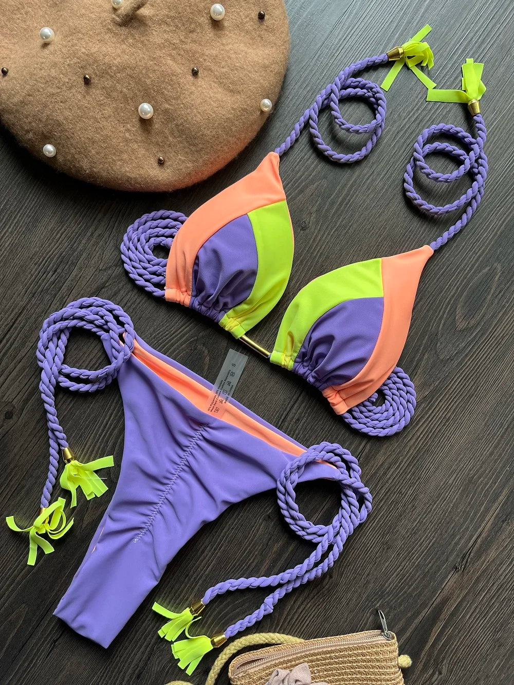 Sexy Solid Splicing Brazilian Swimsuit Braiding Rope Bandage Triangle Bathing Bikini Suit