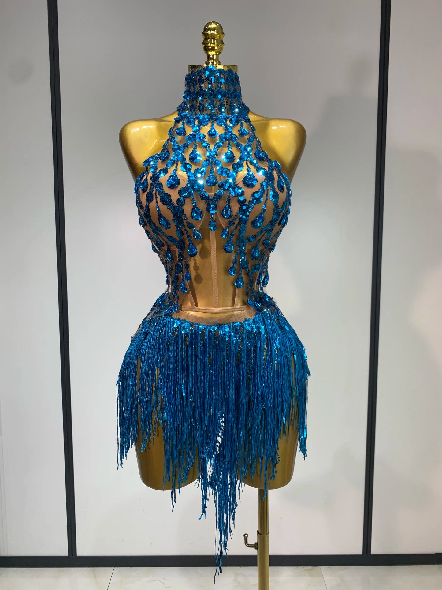 Sexy Shinning Rhinestone Tassels Two Pieces Nightclub Evening Party Birthday Clubbing Dress