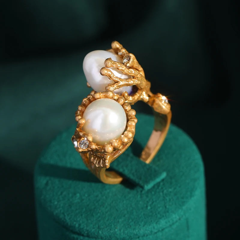 Women Blue Natural Stone Open Leopard Fashionable Water Drop Gold Color Pearl Flower Ring