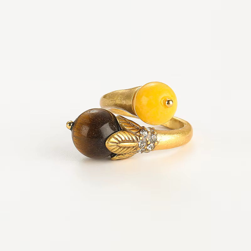 Women Blue Natural Stone Open Leopard Fashionable Water Drop Gold Color Pearl Flower Ring