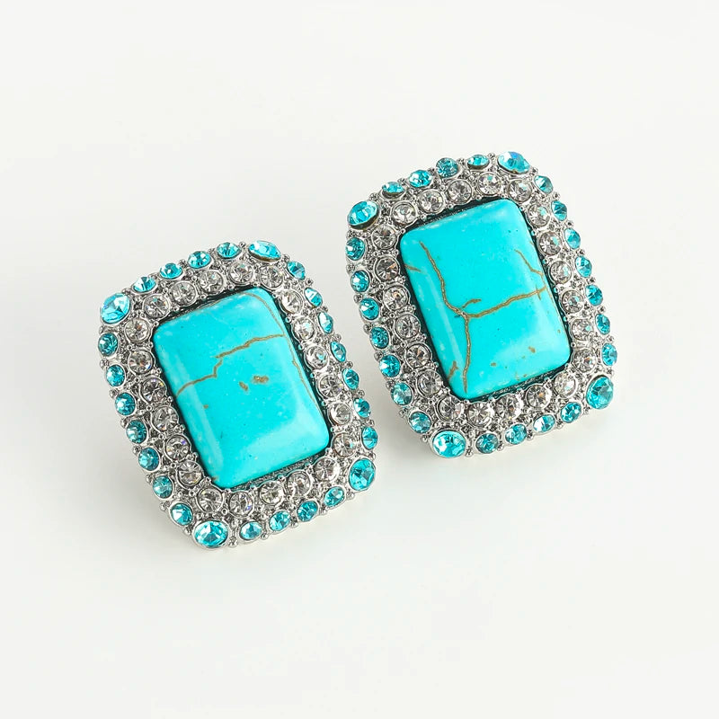 Vintage Wedding Natural Stone Square Blue Rhinestones Antique Studs Earrings