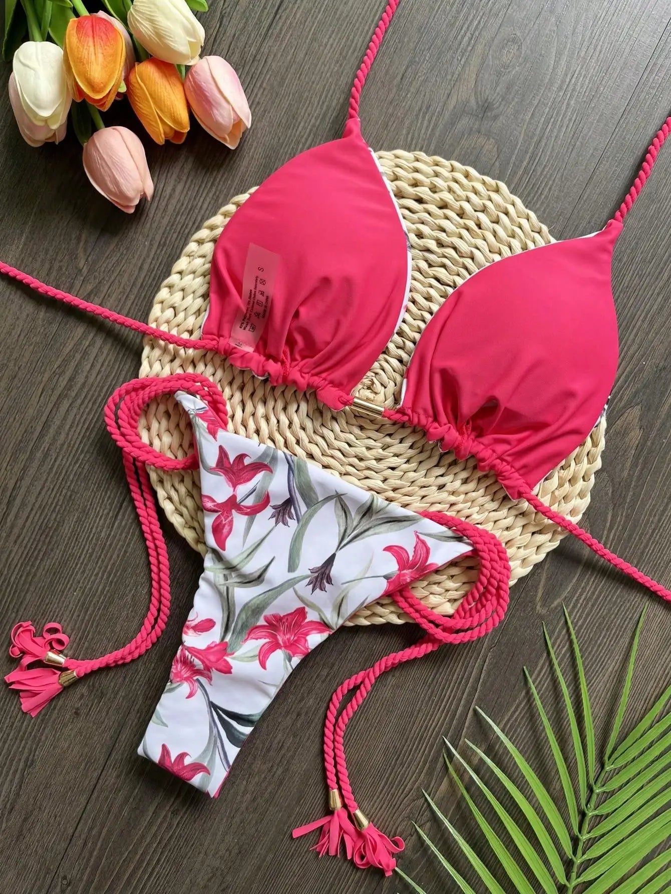 Sexy Plant Print Swimsuit Braiding Rope Bandage Bikinis Bathing Suit