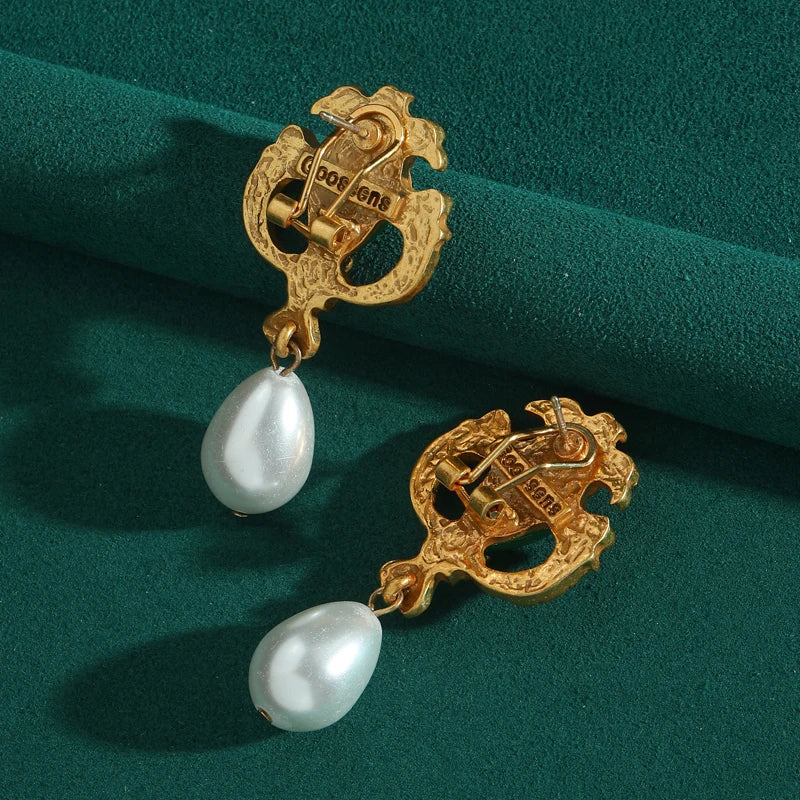 Women Green Jade Teardrop Pearl Natural Stone Vintage Dubai Earrings
